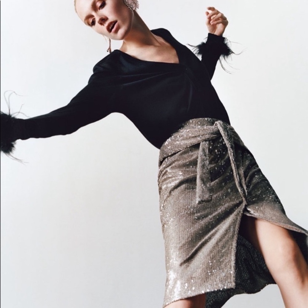 Zara Basic Knotted Sequin Wrap Midi Skirt Size M